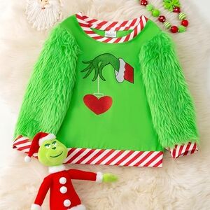 The Grinch Pull Over Sweatshirt With Green Faux Fur Sleeves Girls Size 3T NWOT